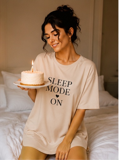 Women’s Beige “Sleep Mode On” Printed Oversized Sleep T-Shirt